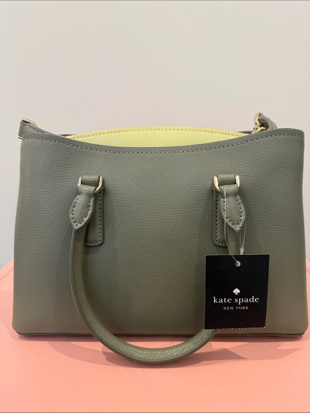 kate spade olive green leather satchel with yellow interior trim